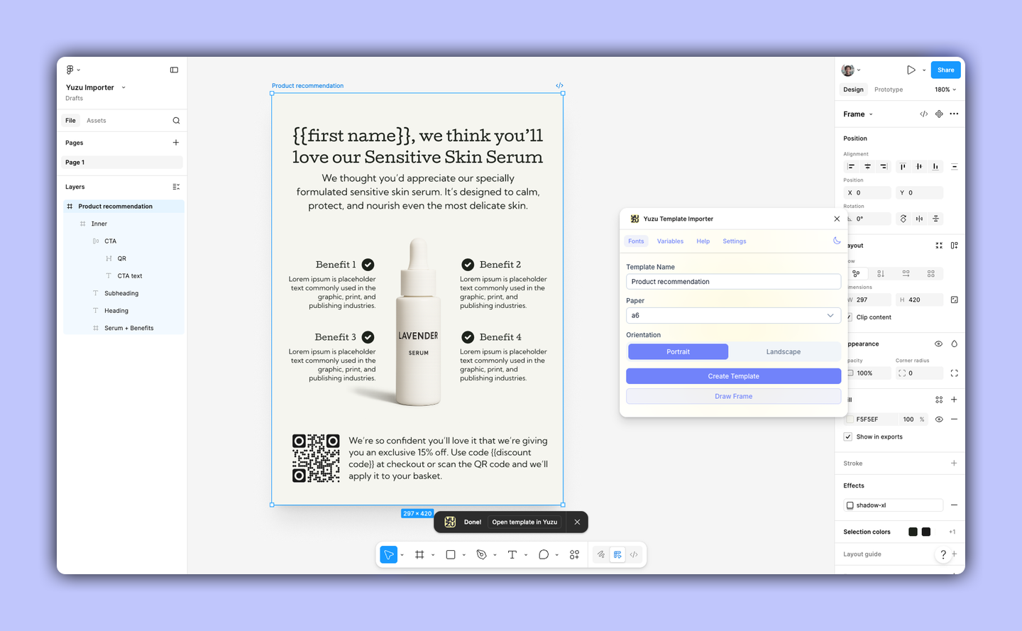 Selected Figma template ready to import