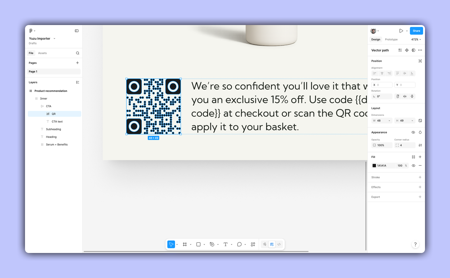 Figma QR layer selected before import