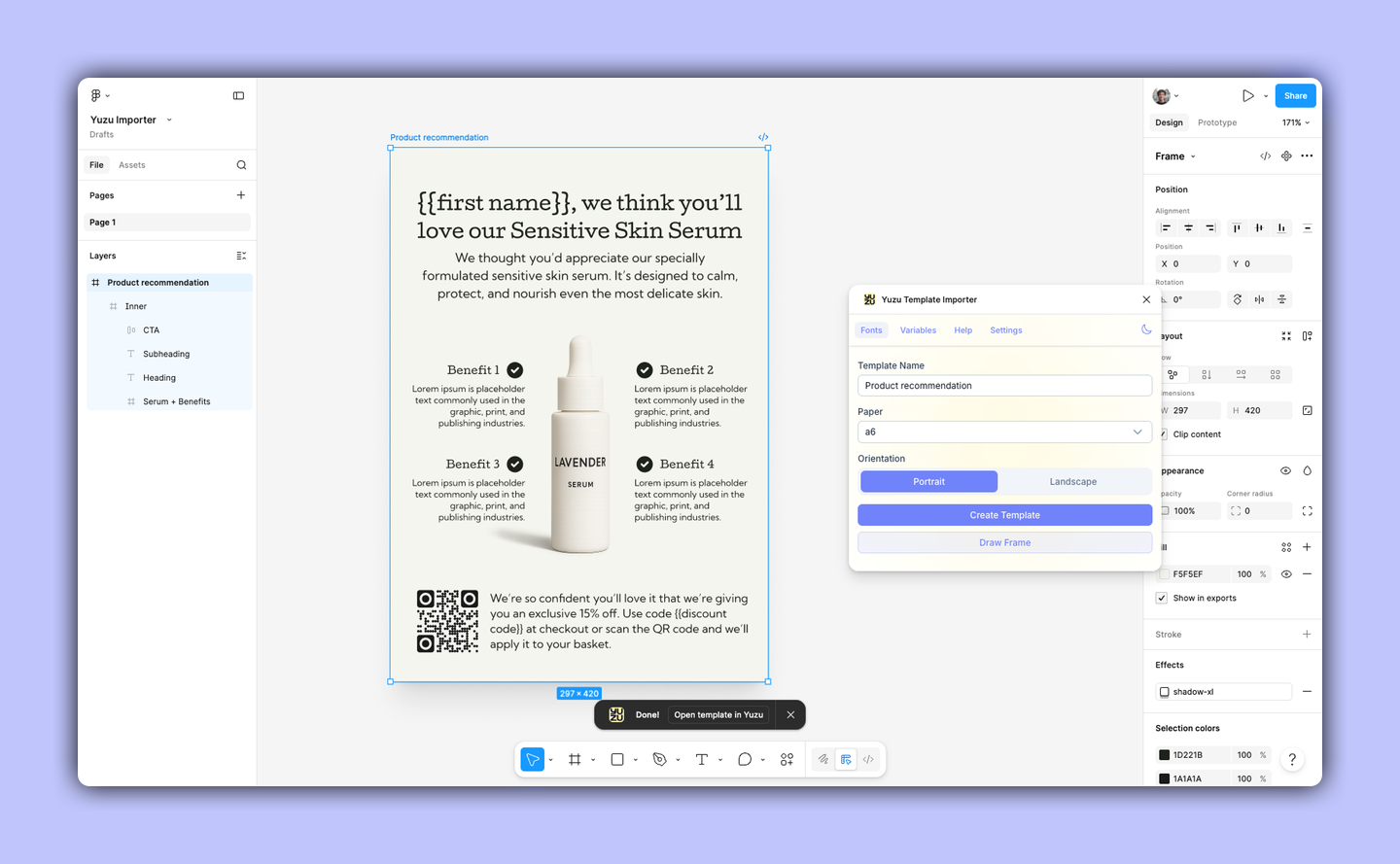 Importer dialog with the selected design