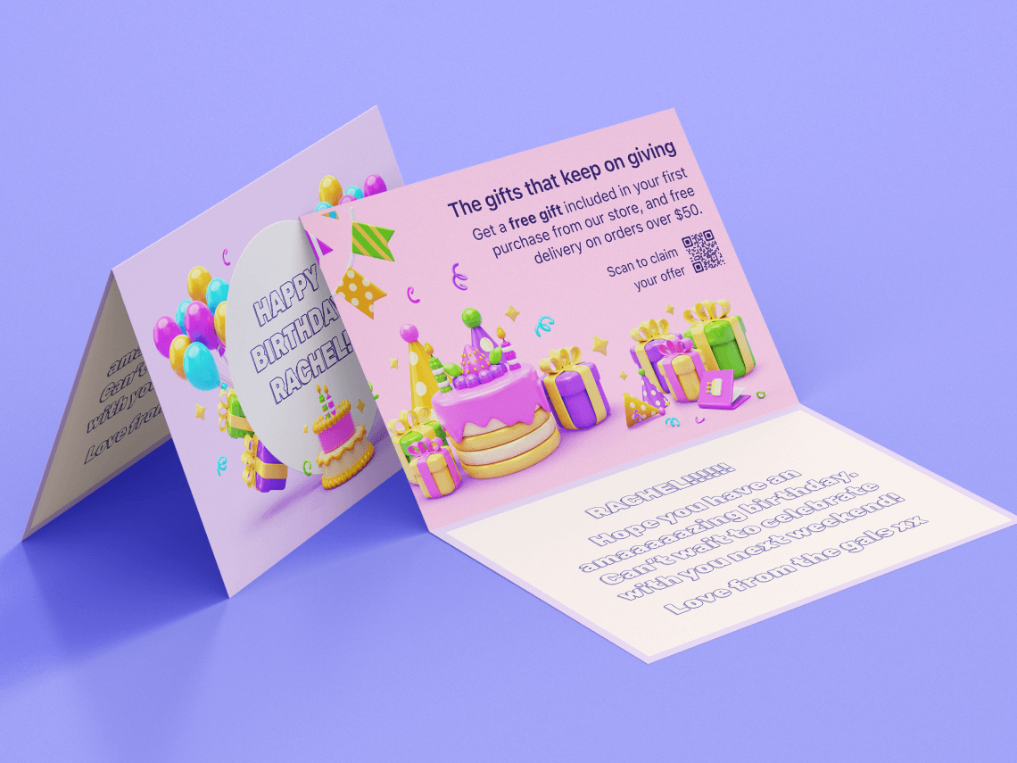 A birthday card with personalized design, gift message in a custom brand font, and marketing call to action for the recipient to claim a free gift