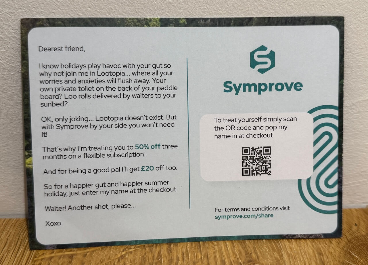 Example of Symprove marketing insert used to encourage loyalty