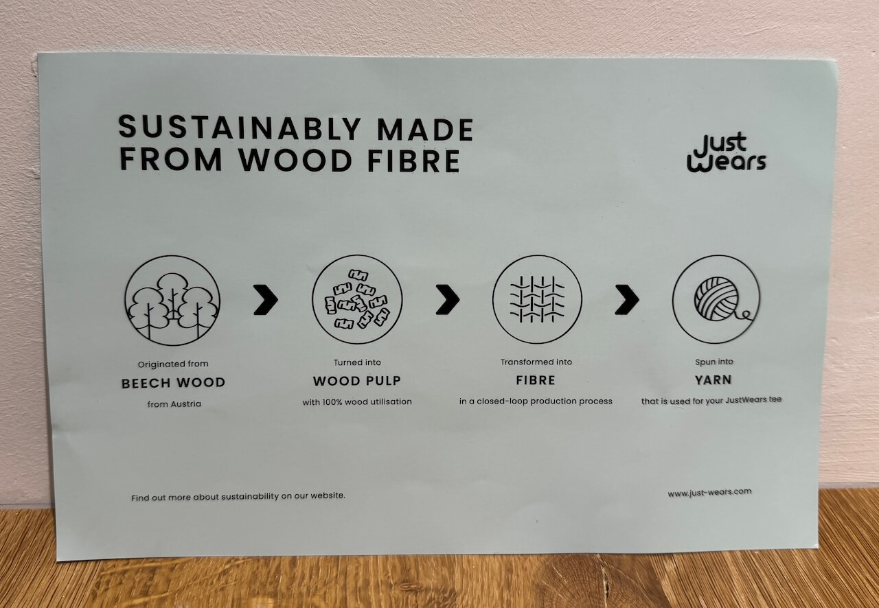 Example of Just Wears package insert, educating the customer about sustainability