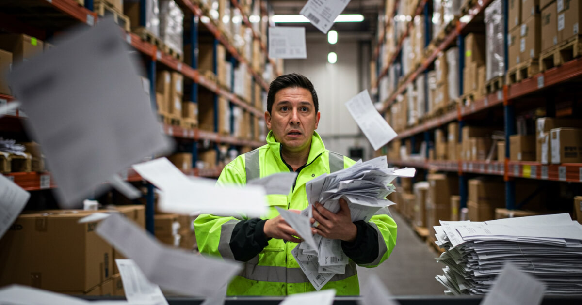 Picker in warehouse looking stressed, with printed inserts raining down from above