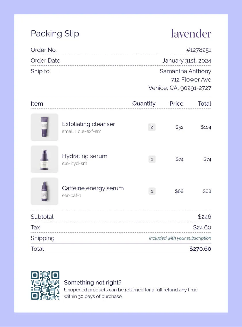 A branded invoice with product images, and a QR code at the bottom of the page to return an item