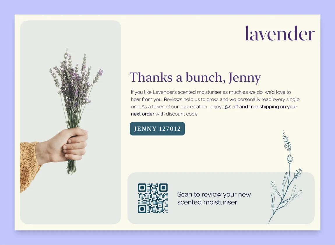 A printed insert asking for a review, and thanking the customer for their business with a discount code