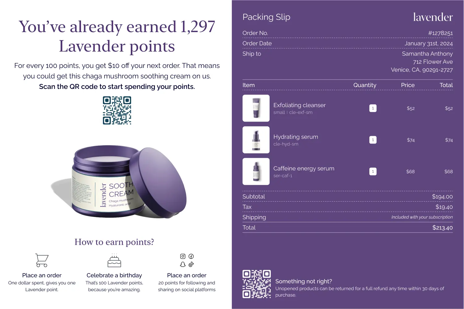 Insert design | Skincare brand with loyalty campaign to increase retention, and custom invoice